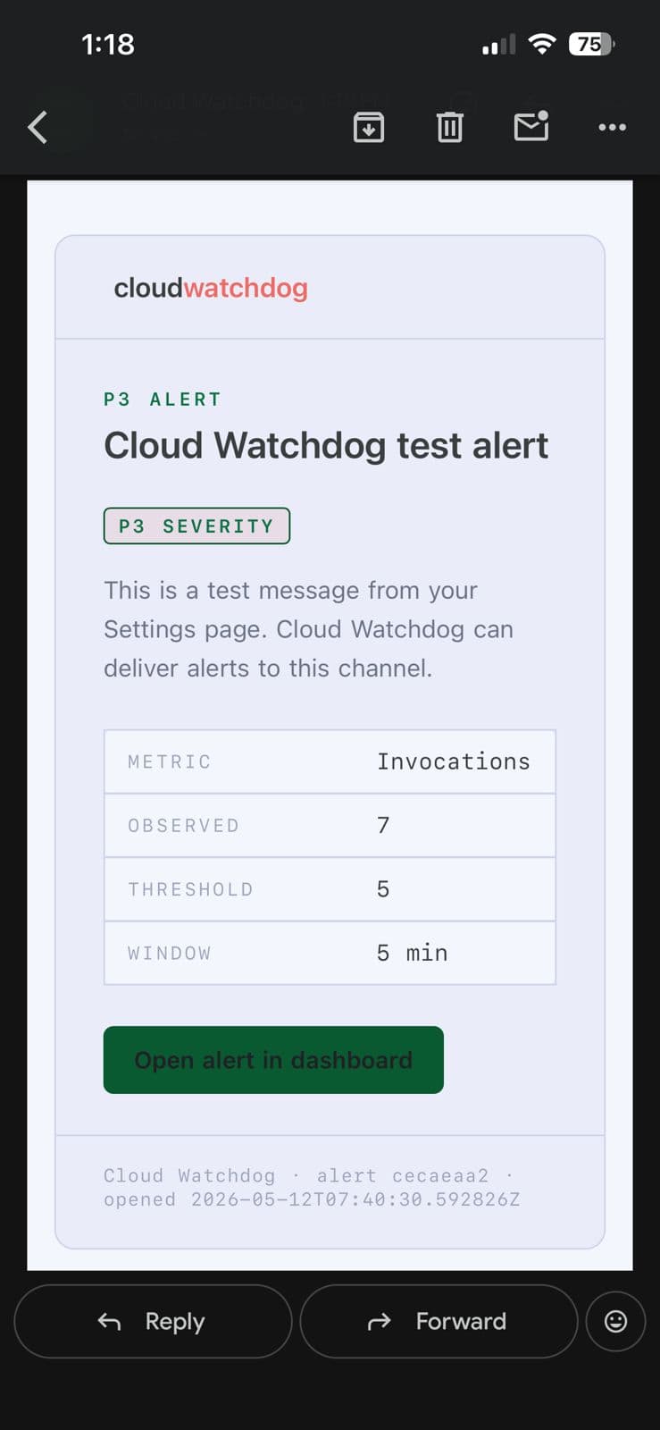 Example Email notification from Cloud Watchdog